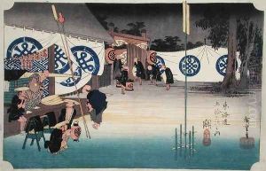 Seki Early Departure from the Daimyos Inn from Fifty three Stations on the Tokaido Highway Seki Early Departure from the Daimyos Inn from Fifty three Stations on the Tokaido Highway