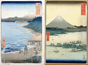 Mountains and coastline two views from 36 Views of Mount Fuji by Utagawa or Ando Hiroshige