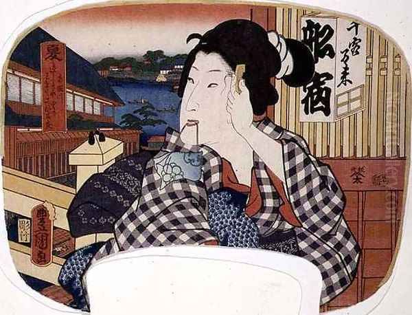Summer the river at Ryoguku A geisha combing her hair design for a fan from a set of four illustrating the seasons - view 1