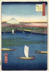 Marshy island off the mouth of the River Sumida with Edo and Mt Fuji in the distance
