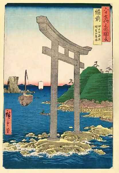 The Beach at Tanookuchi with the Archway of Yugasan Temple Bizen Province - view 1