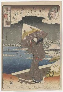 Famous Sites in Edo and Chapters from the Tale of Genji: Ferry on the Sumida River matched with the Ukifune Chapter Edo period by Utagawa or Ando Hiroshige