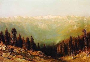 A View of the Hetch Hetchy Valley with Deer in the Foreground and Mount Conness in the Distance