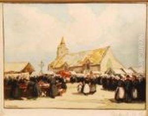 Study Of A French Market Square With Figures And Stalls To The Fore And Church by Henri Alphonse Barnoin