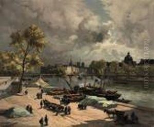 Port St. Nicolas, Bords De Seine: On A Quay Along The Seine,paris by Henri Alphonse Barnoin