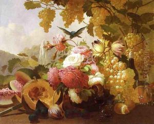 Still Life with roses and Wine Glasses by Thomas Hill