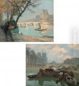 Pont Royal A Paris; And Pont St Michel by Henri Alphonse Barnoin