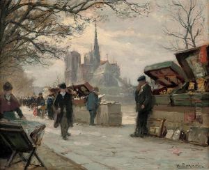 Selling Antiques By The Seine, Notre Dame Beyond by Henri Alphonse Barnoin