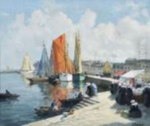 Bateaux De Peche Sechant Leurs Voiles A Concarneau by Henri Alphonse Barnoin