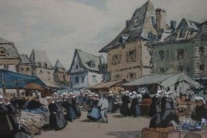 A Pair Of Prints Depicting Market Scenes by Henri Alphonse Barnoin