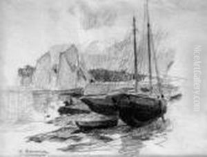 < Bateaux De Peche A Quai, A Maree Basse >. Fusain < Bateaux De Peche A Quai, A Maree Basse >. Fusain
