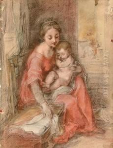The Madonna And Child Beside A
Crib In An Interior, Saint Josephseen Reading Through A Doorway To The
Right The Madonna And Child Beside A
Crib In An Interior, Saint Josephseen Reading Through A Doorway To The
Right