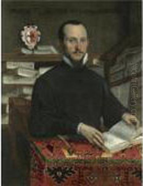 Portrait Of A Scholar In His Library, Half Length, Holding A Book - view 1