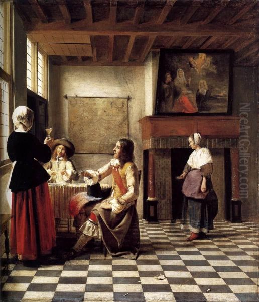 A Woman Drinking with Two Men and a Serving Woman - view 1