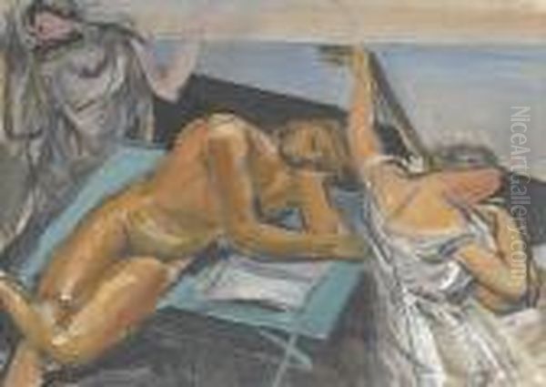 Mannerakt Mit Zwei Musizierenden Frauen Am Strand - view 1
