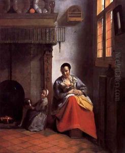 A Woman Nursing an Infant with a Child and a Dog by Pieter De Hooch