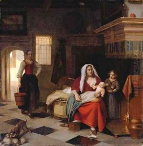 A mother and baby in an interior with a young girl and a maid