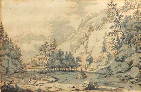 A mountainous wooded river landscape with travellers on a road by Jan Hackaert