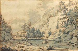 A mountainous wooded river landscape with travellers on a road by Jan Hackaert