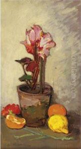 Natura Morta Con Vaso Di Fiori E Agrumi by Giovanni Bartolena