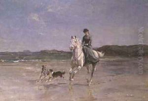 Horse and Rider on a windswept Beach by Heywood Hardy