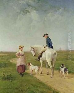 Milkmaid talking to a Cavalier by Heywood Hardy