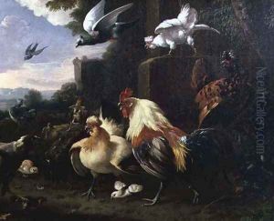 A cockerel and other fowl in a landscape