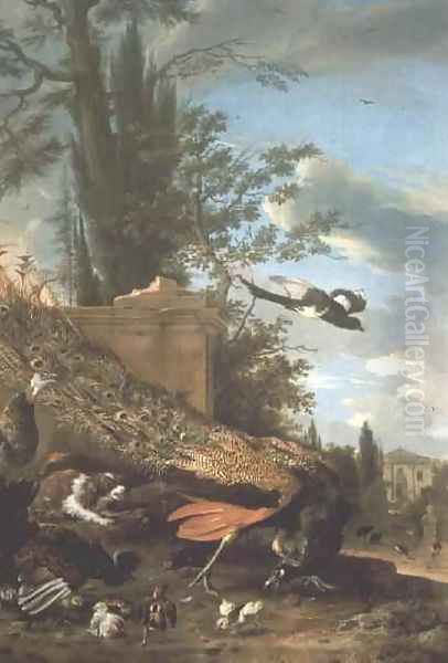 A Peacock and a Spaniel in the Garden of a Villa - view 1