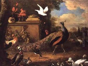Peacocks and other Birds by a Lake