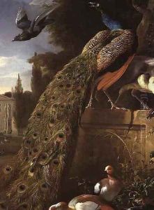 Peacock and a Peahen on a Plinth with Ducks and Other Birds in a Park