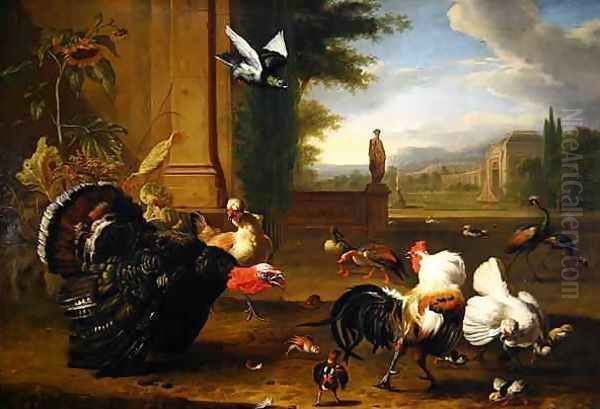 A Turkey Cock and Cockerel and other exotic fowl in a park setting - view 1
