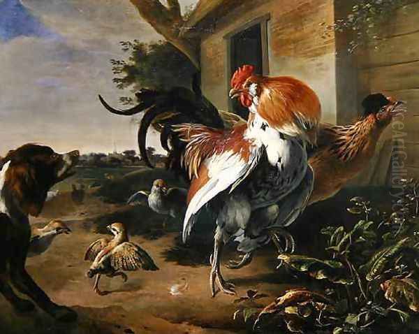 Poultry and Spaniel in a farmyard - view 1