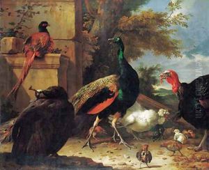 A peacock, a peahen, a pheasant, a turkey, a cockerel and chicks by a wall, a landscape beyond