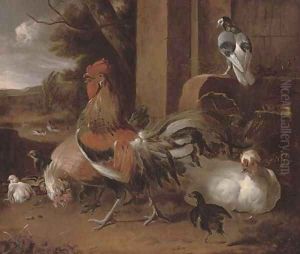 A cockerel, hens and pigeon by a wall, a landscape beyond