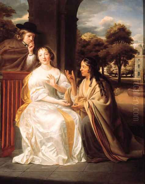 A gipsy telling the fortune of a young couple under an arcade she seated small full length, wearing a white silk dress with yellow wrap - view 1