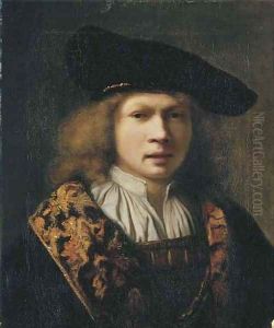 Portrait of a young man, bust-length, in a brocade-lined cloak and a velvet black cap by Samuel Van Hoogstraten