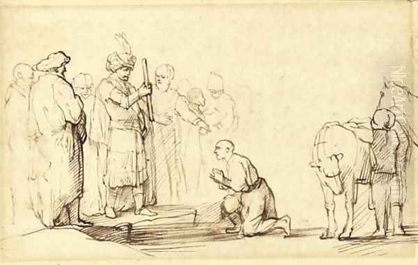 A man kneeling before men with turbans - view 1