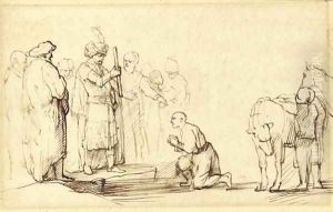 A man kneeling before men with turbans