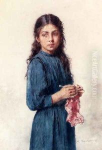 A Young Girl Knitting by Alexei Alexeivich Harlamoff