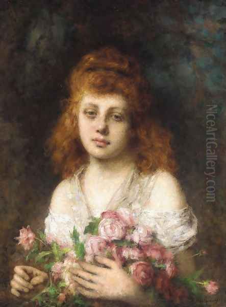 Auburn Haired Beauty With Bouqet Of Roses - view 1