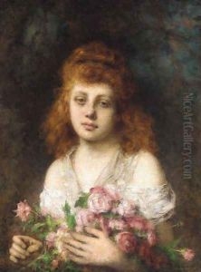 Auburn Haired Beauty With Bouqet Of Roses