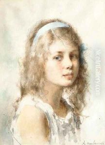 Portrait of Young Girl with Blue Ribbon by Alexei Alexeivich Harlamoff