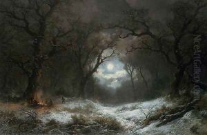 A Moonlit Winter Landscape by Remigius Adriannus van Haanen