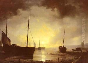 Beached Fishing Boats by Moonlight by Remigius Adriannus van Haanen