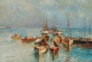 Boats In A Mediterranean Harbour by Alfred Bastien