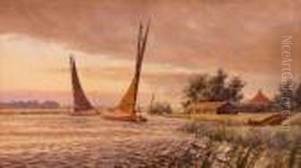 Broads Scene With Barges
And Boathouse - view 1