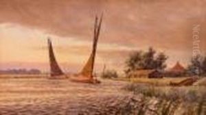 Broads Scene With Barges
And Boathouse