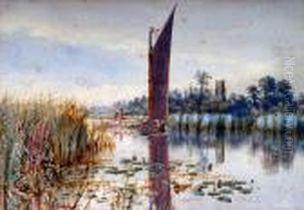 A Canal Boat On The River, With Church In The Distance - view 1