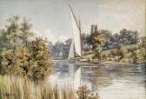 A Norfolk Wherry Under Sale, Achurch Tower In The Distance A Norfolk Wherry Under Sale, Achurch Tower In The Distance