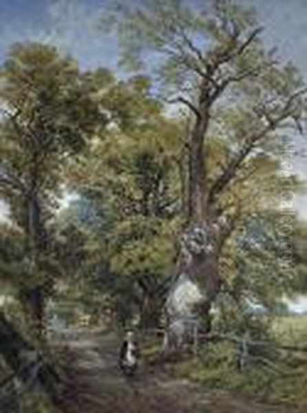 Woodland Path With Woman Carrying A Basket by David Bates